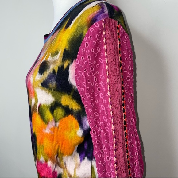 Anthropologie Bl^nk London Pullover Top Women S Pink Contrast Eyelet Puff Sleeve - Picture 3 of 16